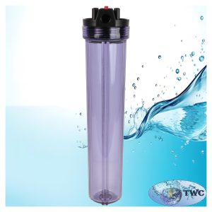 Cartridge filter housing, 2.5"x20", 3/4" in/out, clear
