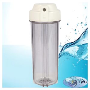 Cartridge filter housing, 2.5″x10″, 1/4″ in/out, dbl o-ring, clear